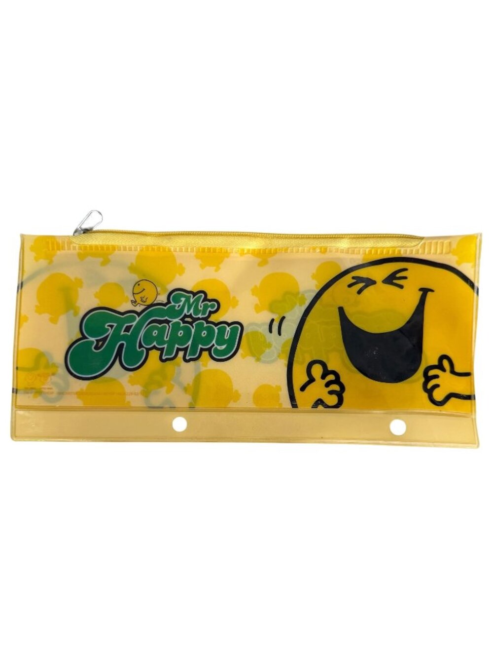 2012 Mr. Happy Zip Pencil Case Binder Ring Holes Yellow Green Mr Men Little Miss